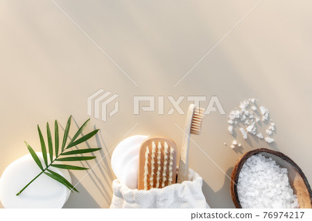 Bath accessories flat lay on beige background. Natural body care concept 76974217