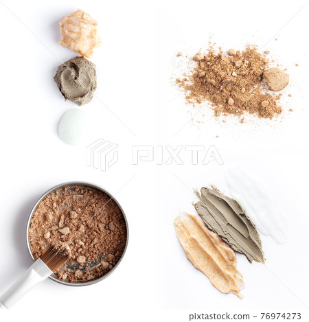Collage with cosmetics, brown face or eye shadows, brush and body scrub samples 76974273