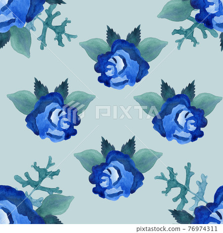 Blue large watercolor flowers with large brush strokes on a green background 76974311