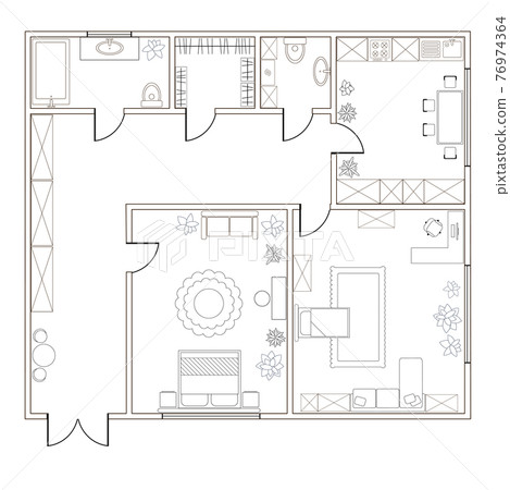 Abstract vector plan of two-bedroom apartment 76974364