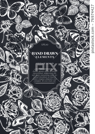 Card design with chalk menelaus blue morpho, lemon butterfly, red lacewing, african giant 76974427