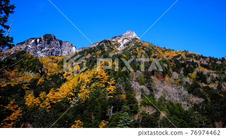 Autumn leaves of Mt. Myojin in Kamikochi Autumn leaves of Mt. Myojin in Kamikochi 76974462