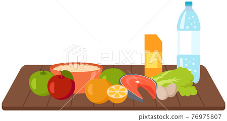 Healthy natural ingredients for dish on cutting board. Fresh vegetables, fruits and fish for cooking 76975807