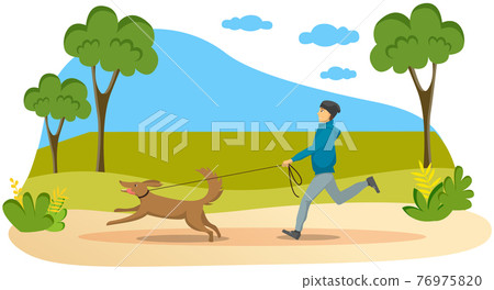 Walk with dog in park. Young man is going with doggy in garden sunny day, owner and domestic animal Walk with dog in park. Young man is going with doggy in garden sunny day, owner and domestic animal 76975820
