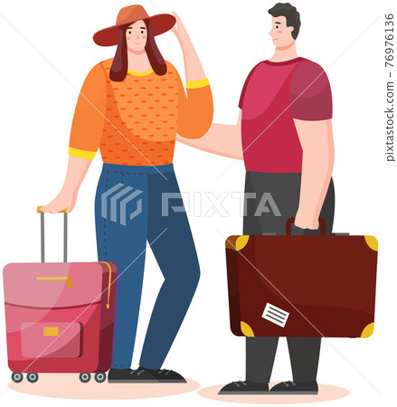 Travelling couple going to go on vacation. People travelers, tourists with travel bag and suitcase Travelling couple going to go on vacation. People travelers, tourists with travel bag and suitcase 76976136