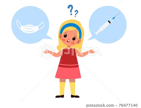 Choice of mask or vaccine. Girl think about vaccines, better solution medical masks or vaccination, prevention covid-19 epidemic, formation of immunity from disease vector cartoon concept 76977140