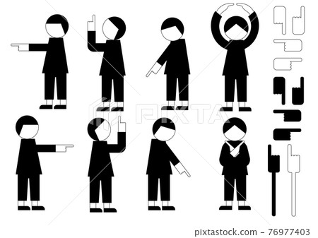 用人物和手的輪廓想像方向、指令、圓圈、十字架等的圖標式材料集（男孩） 76977403