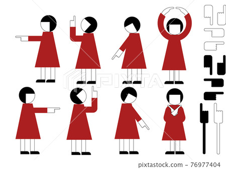 用人物和手的輪廓想像方向、指令、圓圈、十字架等的圖標式材料集（2種顏色，女孩） 76977404