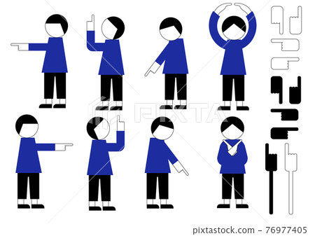 用人物和手的輪廓想像方向、指令、圓圈、十字架等的圖標式材料集（2種顏色，男孩） 76977405