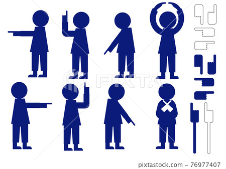 用人物和手的輪廓想像方向、指令、圓圈、十字架等的圖標式材料集（剪影） 76977407