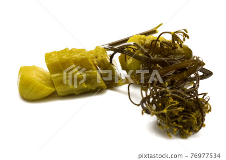 Pickled cucumber and fennel stem, isolate on white background Pickled cucumber and fennel stem, isolate on white background 76977534