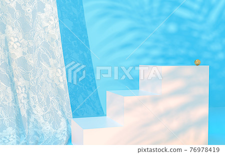 Natural beauty podium backdrop for product display with tropical palm leaves. 3d rendering. Natural beauty podium backdrop for product display with tropical palm leaves. 3d rendering. 76978419
