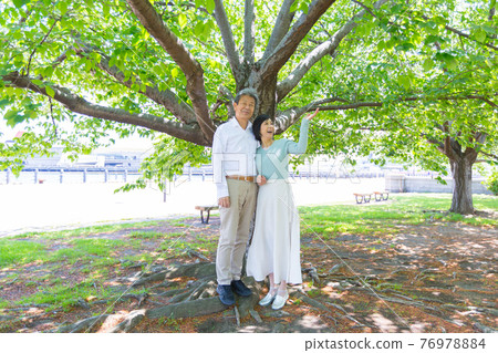 A senior couple living tiles enjoying Yokohama surrounded by fresh green under a big tree A senior couple living tiles enjoying Yokohama surrounded by fresh green under a big tree 76978884