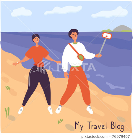 Travel bloggers walk along seaside. Young couple records video. Guy takes off the vlog while traveling. Influencers talk about life to their followers. Vector hand drawn illustration in cartoon style 76979407