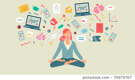 Woman tries to stay calm under pressure of stress information about covid-19. 76979767