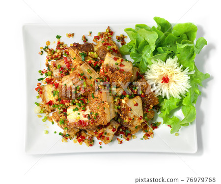 Crispy Belly Pork Stir Fried with Chili and Salt Spicy Tasty Fusion dish Combination Thai Food 76979768