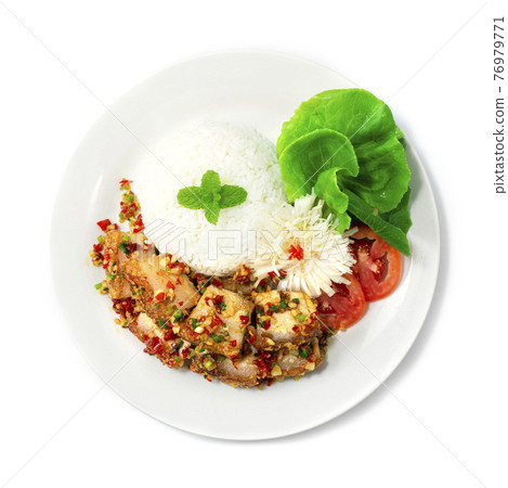 Crispy Belly Pork Stir Fried with Chili and Salt Served Rice Crispy Belly Pork Stir Fried with Chili and Salt Served Rice 76979771