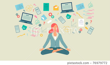 Information overload relief concept banner with woman meditating 76979772