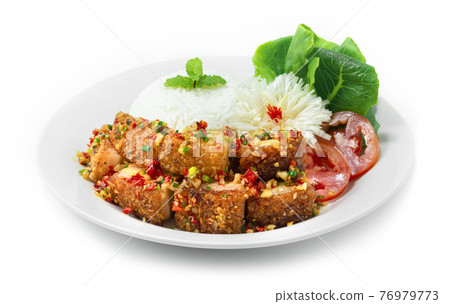 Crispy Belly Pork Stir Fried with Chili and Salt Served Rice Crispy Belly Pork Stir Fried with Chili and Salt Served Rice 76979773