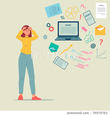 Girl in stress is overload by lot of information, work and internet data stream. Girl in stress is overload by lot of information, work and internet data stream. 76979783