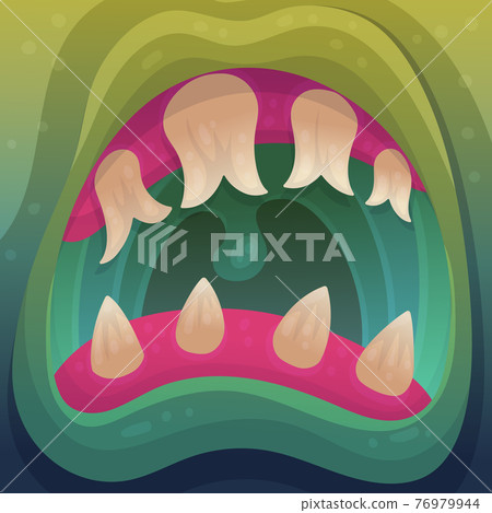 Fantasy cartoon open monster mouth with a huge jaws, flat vector illustration. Fantasy cartoon open monster mouth with a huge jaws, flat vector illustration. 76979944