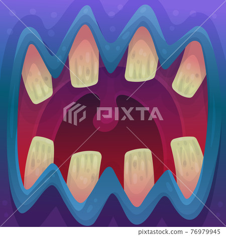 Open colorful monsters mouth with teeth cartoon vector illustration isolated. Open colorful monsters mouth with teeth cartoon vector illustration isolated. 76979945