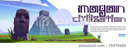 Mayan civilization cartoon web banner with statues Mayan civilization cartoon web banner with statues 76979980