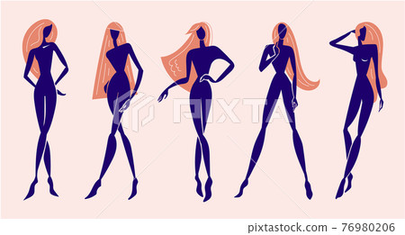 Vector set stylized woman standing, long hair, silhouette figures, fashion models. Feminine concept, art illustration. Use as poster, print for t-shirt, design element for beauty products 76980206