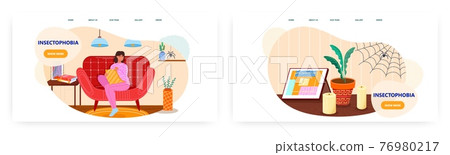 Insectophobia landing page design, website banner vector template set. Woman experiencing fear of insects or bugs. 76980217
