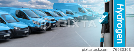 Hydrogen filling station with blue vans Hydrogen filling station with blue vans 76980368