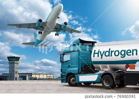 Airplane and truck with hydrogen tank trailer Airplane and truck with hydrogen tank trailer 76980391