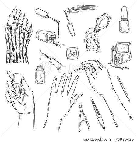 Nail manicurist bar or saloon items set sketch vector illustration isolated. Nail manicurist bar or saloon items set sketch vector illustration isolated. 76980429