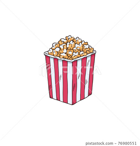 Popcorn in a striped tub box, hand drawn sketch vector illustration isolated. 76980551