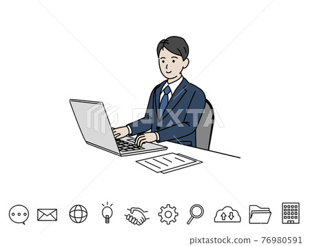 男性伏案工作在西裝使用個人電腦工作辦公室工作人員插圖素材 76980591