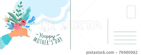 Mothers day card. Hand holds a bouquet with flowers. Spring holiday letter template with congratulation calligraphy text, vector International mom day postcard in modern cartoon style 76980982