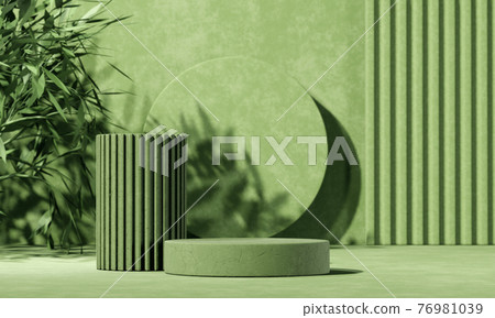 Minimal abstract background with 3D concrete podium display with green leaves 76981039