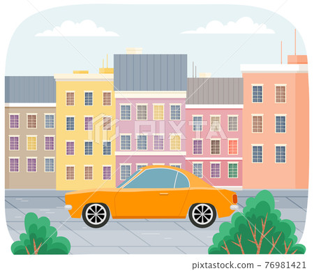 Modern car parking along town street in cartoon style. Vehicles car on city street 76981421