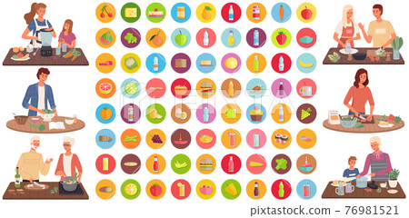 Set of illustrations about people cooking vegetarian meals. Natural organic food ingredients Set of illustrations about people cooking vegetarian meals. Natural organic food ingredients 76981521