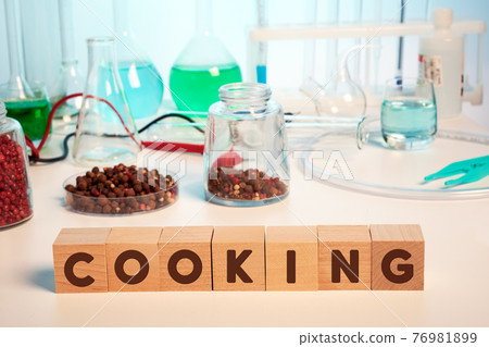 Pepper Chemical Analysis and Cooking Text on Wooden Cubes in Lab 76981899