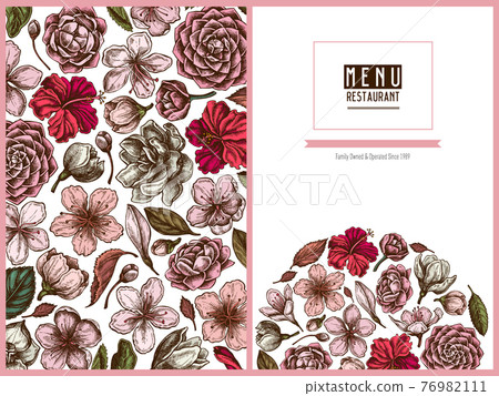 Menu cover floral design with colored hibiscus, plum flowers, peach flowers, sakura flowers 76982111