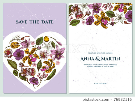 Wedding invitation card with colored laelia, feijoa flowers, glory bush, papilio torquatus, cinchona Wedding invitation card with colored laelia, feijoa flowers, glory bush, papilio torquatus, cinchona 76982116