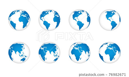 Globe earth 3d. World map realistic globes, blue continents and white oceans. Planet with cartography texture various angle view, geography isolated element vector travel or communication set Globe earth 3d. World map realistic globes, blue continents and white oceans. Planet with cartography texture various angle view, geography isolated element vector travel or communication set 76982671
