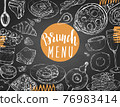 Set of hand drawn traditional breakfast dishes, bakery and drinks 76983414