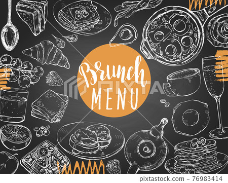 Set of hand drawn traditional breakfast dishes, bakery and drinks 76983414