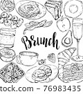 et of hand drawn traditional breakfast dishes, bakery and drinks. 76983435