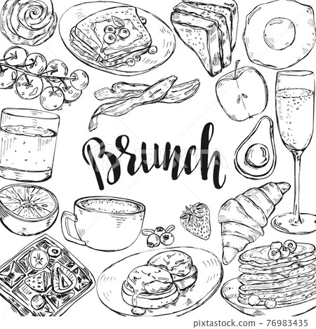 et of hand drawn traditional breakfast dishes, bakery and drinks. 76983435