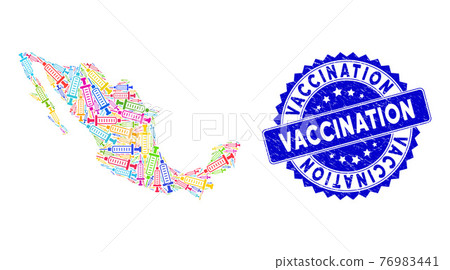Scratched Vaccination Watermark and Mexican Map Colorful Pattern of Syringe Items 76983441