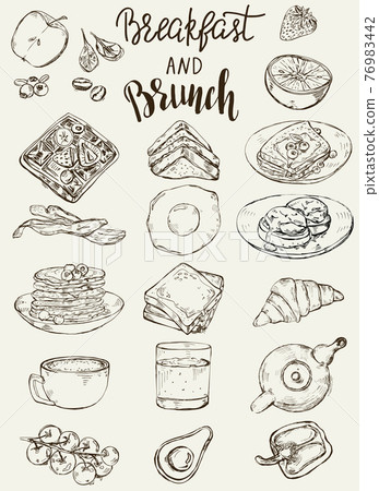 Set of traditional breakfast dishes, bakery and drinks. 76983442