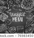 Traditional breakfast dishes, bakery and drinks on the blackboard. 76983450