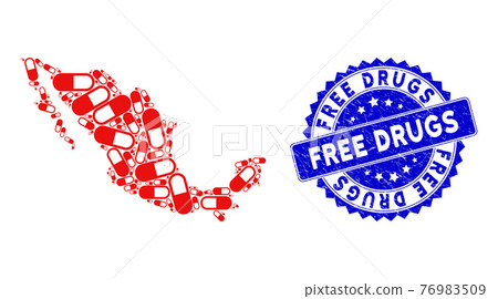 Mexico Map Mosaic of Medication Granule Icons and Scratched Free Drugs Stamp Seal 76983509